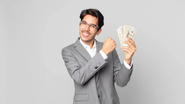 Young Hispanic Man Feeling Happy Facing Challenge Celebrating — Stock Photo, Image
