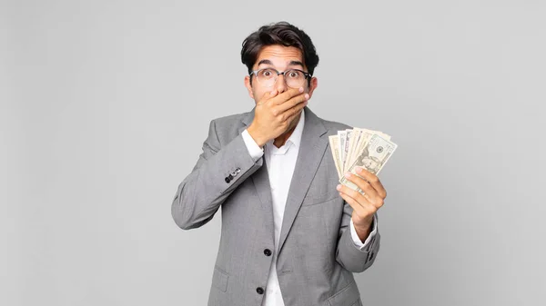 Young Hispanic Man Covering Mouth Hands Shocked — Stock Photo, Image