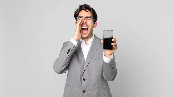 Young Hispanic Man Feeling Happy Giving Big Shout Out Hands — Stock Photo, Image