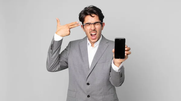 Young Hispanic Man Looking Unhappy Stressed Suicide Gesture Making Gun — Stock Photo, Image