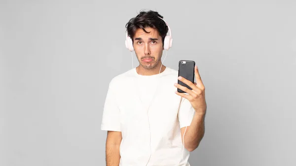 Young Hispanic Man Feeling Sad Whiney Unhappy Look Crying Headphones — Stock Photo, Image