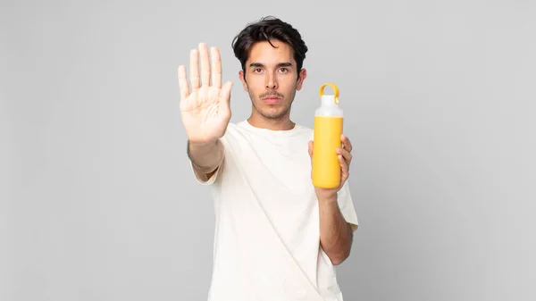 Young Hispanic Man Looking Serious Showing Open Palm Making Stop — Stock Photo, Image