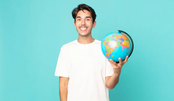 Young Hispanic Man Looking Happy Pleasantly Surprised Holding World Globe — Stock Photo, Image