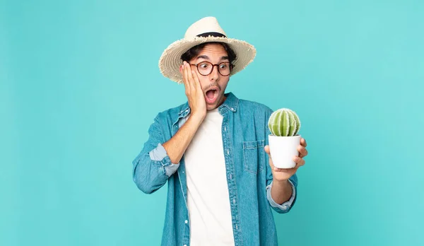 Young Hispanic Man Feeling Happy Excited Surprised Holding Cactus — Stock Photo, Image