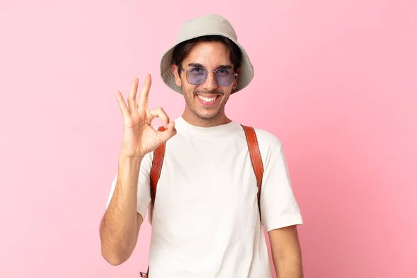 Young Hispanic Man Feeling Happy Showing Approval Okay Gesture Summer — Stock Photo, Image