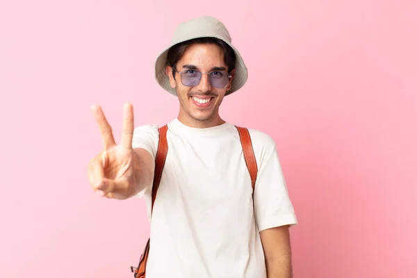 Young Hispanic Man Smiling Looking Happy Gesturing Victory Peace Summer — Stock Photo, Image