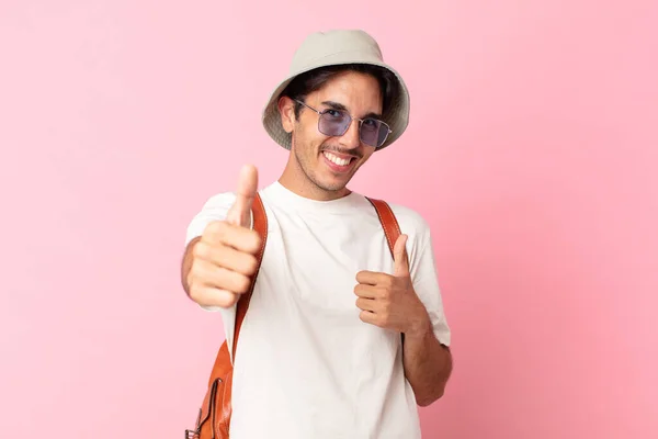 Young Hispanic Man Feeling Proud Smiling Positively Thumbs Summer Concept — Stock Photo, Image