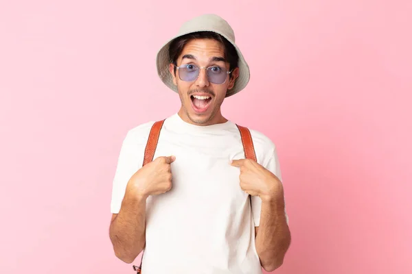 Young Hispanic Man Feeling Happy Pointing Self Excited Summer Concept — Stock Photo, Image