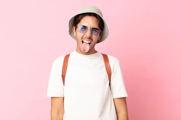 Young Hispanic Man Cheerful Rebellious Attitude Joking Sticking Tongue Out — Stock Photo, Image