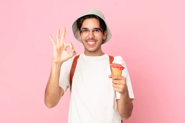 Young Hispanic Man Feeling Happy Showing Approval Okay Gesture Holding — Stock Photo, Image