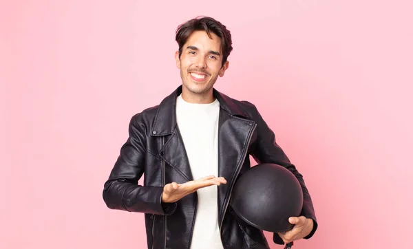 Young Hispanic Man Smiling Cheerfully Feeling Happy Showing Concept Motorbike — Stock Photo, Image