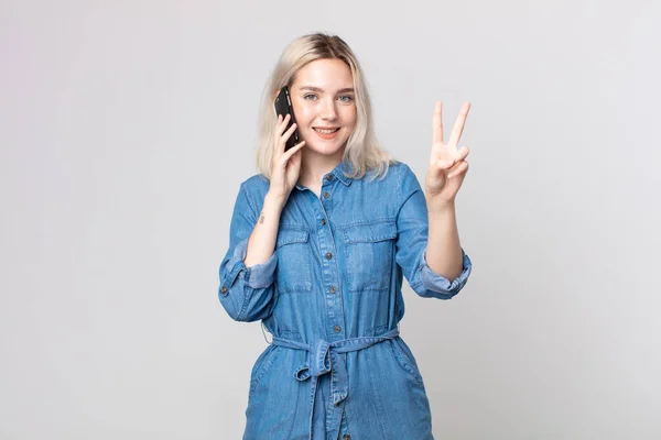 Young Pretty Albino Woman Smiling Looking Happy Gesturing Victory Peace — Stock Photo, Image