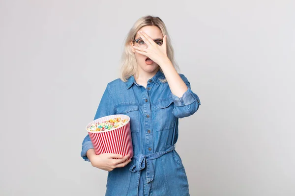 Young Pretty Albino Woman Looking Shocked Scared Terrified Covering Face — Stock Photo, Image