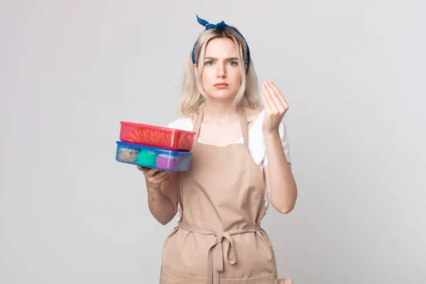 Young Pretty Albino Woman Making Capice Money Gesture Telling You — Stock Photo, Image