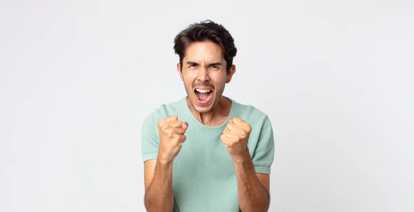 Hispanic Handsome Man Shouting Aggressively Annoyed Frustrated Angry Look Tight — Stock Photo, Image