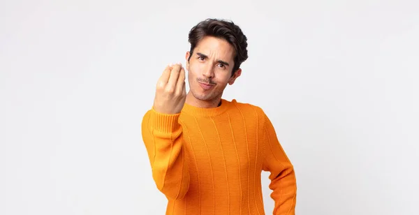 Hispânico Bonito Homem Fazendo Capice Dinheiro Gesto Dizendo Lhe Para — Fotografia de Stock