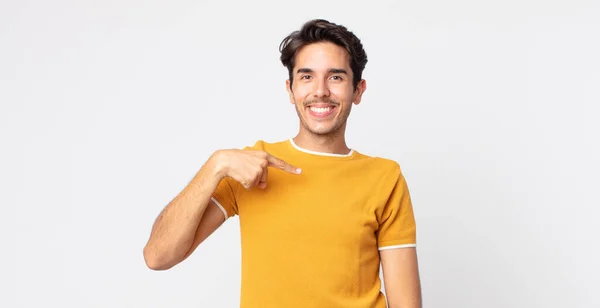 Hispanic Handsome Man Looking Happy Proud Surprised Cheerfully Pointing Self — Stock Photo, Image
