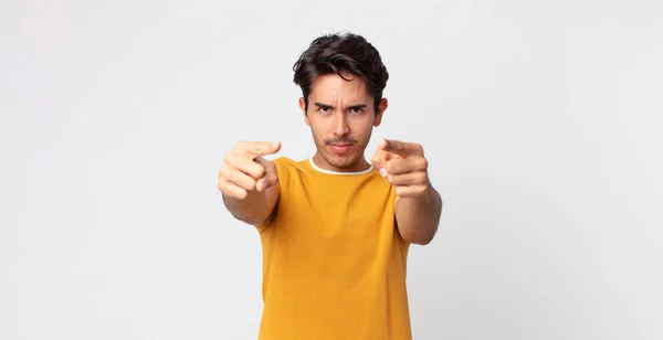 Hispanic Handsome Man Pointing Forward Camera Both Fingers Angry Expression — Stock Photo, Image