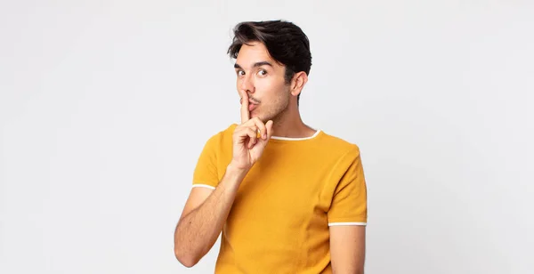 Hispanic Handsome Man Asking Silence Quiet Gesturing Finger Front Mouth — Stock Photo, Image