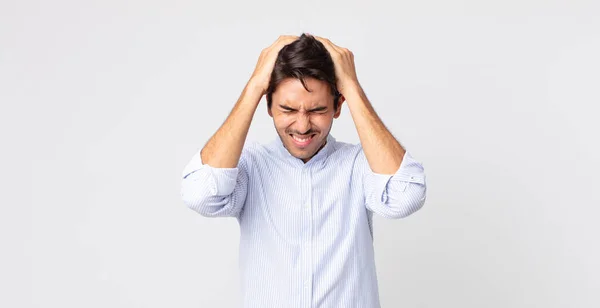 Hispanic Handsome Man Feeling Stressed Frustrated Raising Hands Head Feeling — Stock Photo, Image