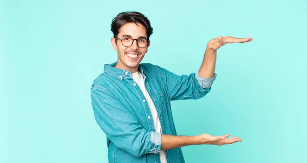 Hispanic Handsome Man Smiling Feeling Happy Positive Satisfied Holding Showing — Stock Photo, Image