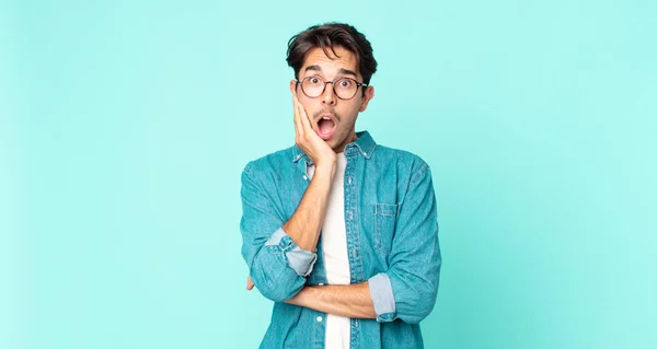 Hispanic Handsome Man Open Mouthed Shock Disbelief Hand Cheek Arm — Stock Photo, Image
