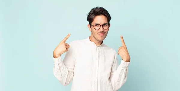 Hispanic Handsome Man Bad Attitude Looking Proud Aggressive Pointing Upwards — Stock Photo, Image