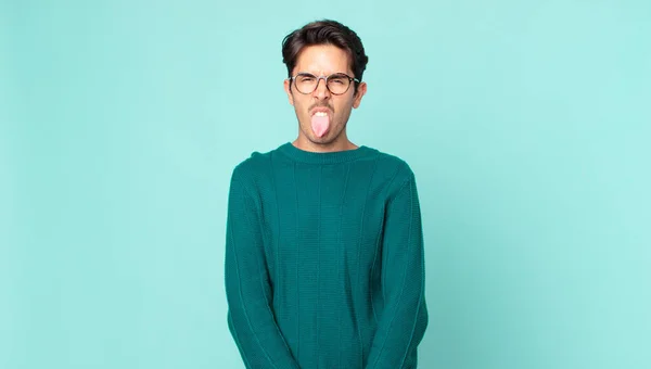 Hispanic Handsome Man Feeling Disgusted Irritated Sticking Tongue Out Disliking — Stock Photo, Image