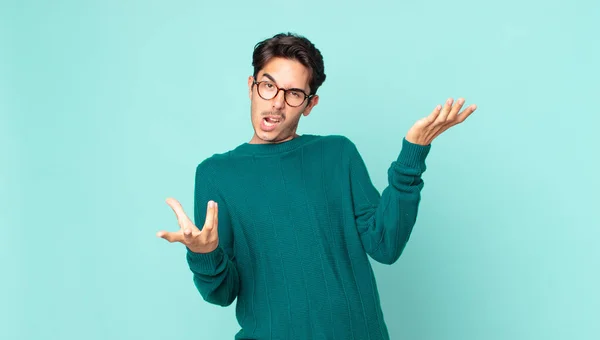 Hispanic Handsome Man Shrugging Dumb Crazy Confused Puzzled Expression Feeling — Foto Stock