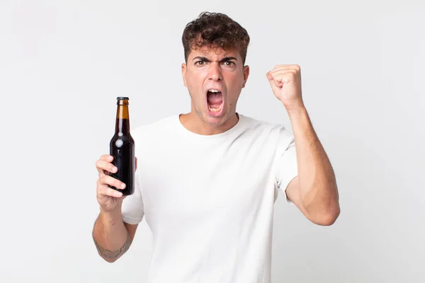 Young Handsome Man Shouting Aggressively Angry Expression Holding Beer Bottle — Stock Photo, Image