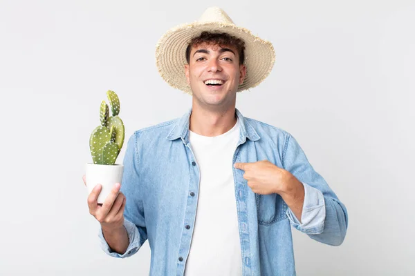 Young Handsome Man Feeling Happy Pointing Self Excited Farmer Holding — Stock Photo, Image