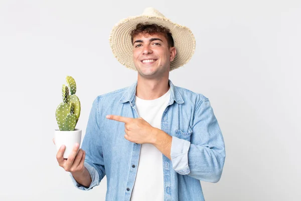 Young Handsome Man Smiling Cheerfully Feeling Happy Pointing Side Farmer — Stock Photo, Image
