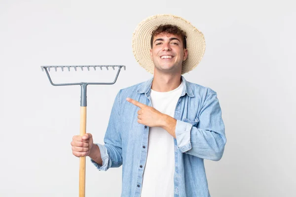 Young Handsome Man Looking Excited Surprised Pointing Side Farmer Concept — Stock Photo, Image