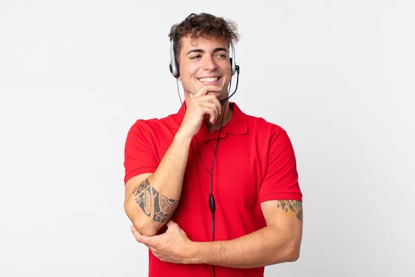 Young Handsome Man Smiling Happy Confident Expression Hand Chin Telemarketer — Stock Photo, Image