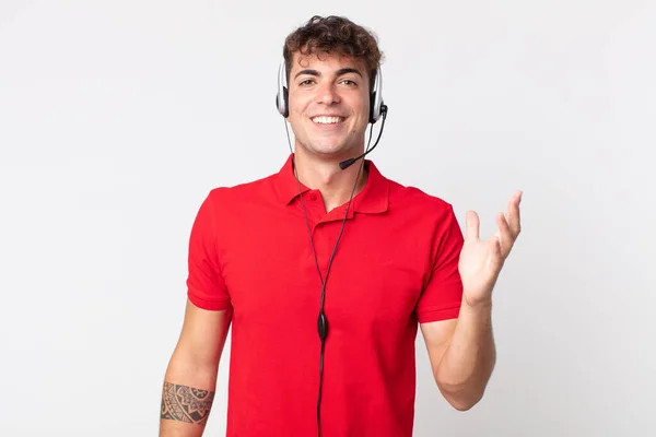 Young Handsome Man Feeling Happy Surprised Realizing Solution Idea Telemarketer — Stock Photo, Image