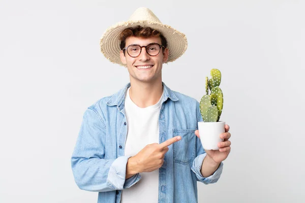 Young Handsome Man Smiling Cheerfully Feeling Happy Pointing Side Farmer — Stock Photo, Image