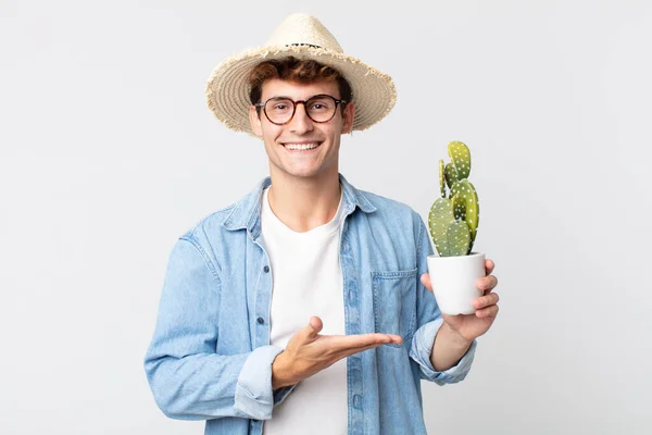 Young Handsome Man Smiling Cheerfully Feeling Happy Showing Concept Farmer — Stock Photo, Image