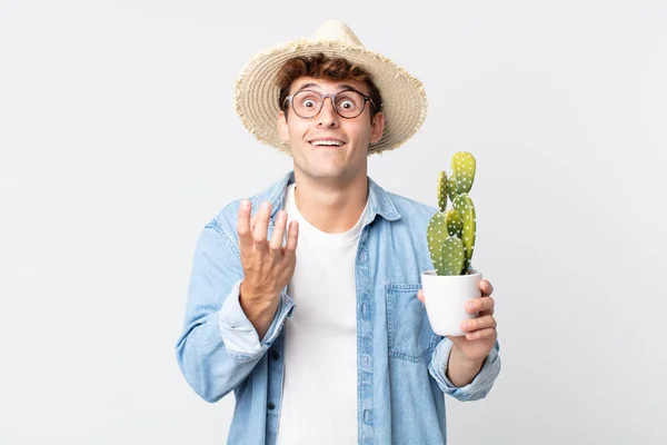 Young Handsome Man Looking Desperate Frustrated Stressed Farmer Holding Decorative — Stock Photo, Image