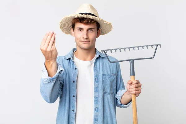 Jonge Knappe Man Die Capice Maakt Geld Gebaar Die Vertelt — Stockfoto