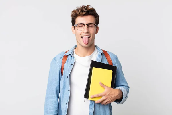 Young Handsome Man Cheerful Rebellious Attitude Joking Sticking Tongue Out — Stock Photo, Image