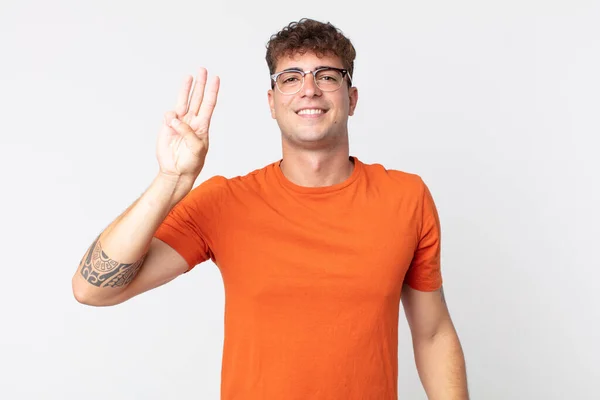 Young Handsome Man Smiling Looking Friendly Showing Number Three Third — Stock Photo, Image