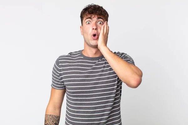 Young Handsome Man Feeling Shocked Astonished Holding Face Hand Disbelief — Stock Photo, Image