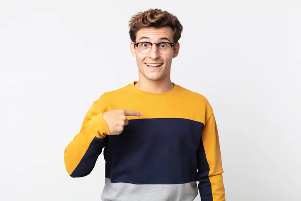 Young Handsome Man Looking Happy Proud Surprised Cheerfully Pointing Self — Stock Photo, Image
