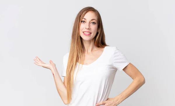 Pretty Thin Woman Smiling Feeling Confident Successful Happy Showing Concept — Stock Photo, Image