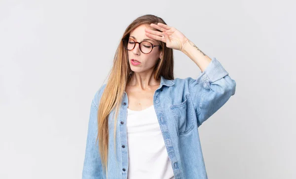 Pretty Thin Woman Looking Stressed Tired Frustrated Drying Sweat Forehead — Stock Photo, Image