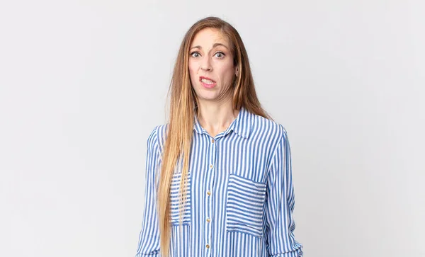 Pretty Thin Woman Feeling Puzzled Confused Dumb Stunned Expression Looking — Stock Photo, Image