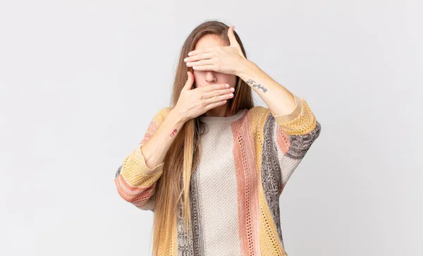 Pretty Thin Woman Covering Face Both Hands Saying Camera Refusing — Stock Photo, Image