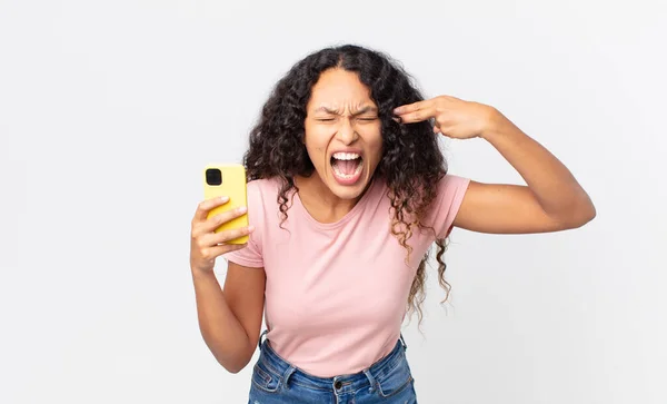 Hispânico Bonita Mulher Olhando Infeliz Estressado Gesto Suicídio Fazendo Sinal — Fotografia de Stock