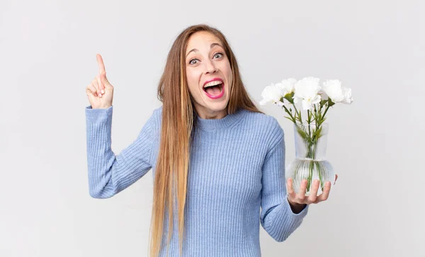 Thin Pretty Woman Feeling Happy Excited Genius Realizing Idea Holding — Stock Photo, Image