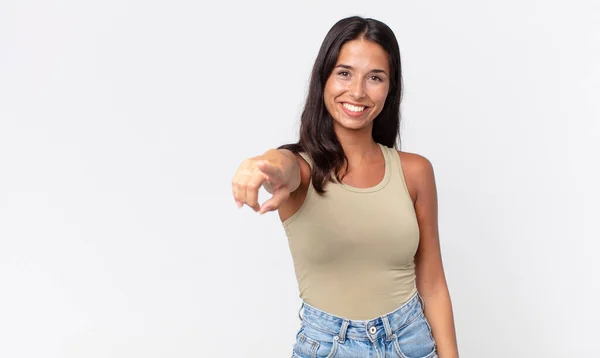 Pretty Thin Hispanic Woman Pointing Camera Choosing You — Stock Photo, Image